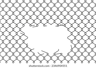 Broken wire mesh fence. Cut metal lattice grid. Torn wire pirson mesh texture. Rabitz or chain link fence with cut hole. Vector illustration. EPS 10.