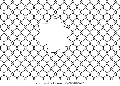 Broken wire mesh fence. Cut metal lattice grid. Torn wire pirson mesh texture. Rabitz or chain link fence with cut hole. Vector illustration. EPS 10.