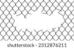 Broken wire mesh fence. Rabitz or chain link fence with cut hole. Torn wire pirson mesh texture. Cut metal lattice grid. Vector illustration isolated on white background.