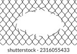 Broken wire mesh fence. Rabitz or chain link fence with cut hole. Torn wire pirson mesh texture. Cut metal lattice grid. Vector illustration isolated on white background.
