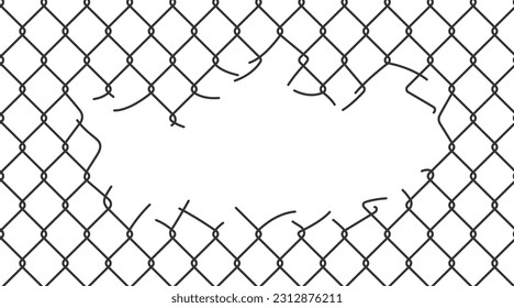 Maschendrahtzaun gebrochen. Rabitz oder Kettenverbindungszaun mit geschnittenem Loch. Torndraht-Schnürsenkel-Maschenstruktur. Metallgittergitter schneiden. Vektorgrafik einzeln auf weißem Hintergrund.