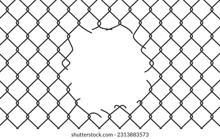 Maschendrahtzaun gebrochen. Rabitz oder Kettenverbindungszaun mit geschnittenem Loch. Torndraht-Schnürsenkel-Maschenstruktur. Metallgittergitter schneiden. Vektorgrafik einzeln auf weißem Hintergrund.