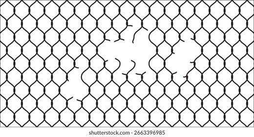 Broken wire mesh fence. Rabitz or chain link fence with cut hole. Torn wire pirson mesh texture. Cut metal lattice grid. Vector illustration
