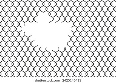 Broken wire mesh fence. Torn wire pirson mesh texture. Rabitz or chain link fence with cut hole. Vector illustration. EPS 10.