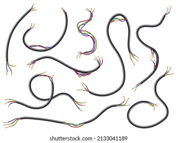 Broken wires. Realistic flexible torn cables with colored wiring. Damaged electrical connections. Different length pieces. Uninsulated current circuit. Vector electricity