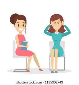Broken woman sitting on the chair and talking to female psychologist. Visit to psychiatrist and depression treatment. Isolated flat vector illustration