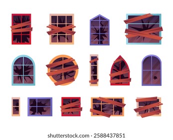 Broken wood windows. Old balcony window with cracked glass covered nailed wooden planks, abandoned house cartoon elements, swanky vector illustration original artwork