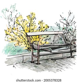 A broken wooden bench against the background of a blooming yellow hortensia bush in a spring park. Beautiful spring watercolor with ink