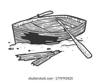 broken wooden boat sketch engraving vector illustration. T-shirt apparel print design. Scratch board imitation. Black and white hand drawn image.
