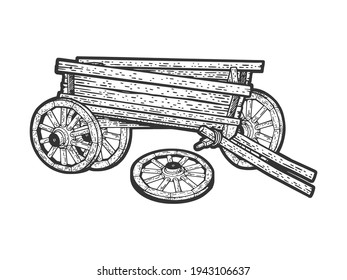 Broken wooden cart with fallen off wheel sketch engraving vector illustration. T-shirt apparel print design. Scratch board imitation. Black and white hand drawn image.