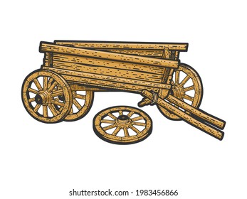 Broken wooden cart with fallen off wheel color line art sketch engraving vector illustration. T-shirt apparel print design. Scratch board imitation. Black and white hand drawn image.