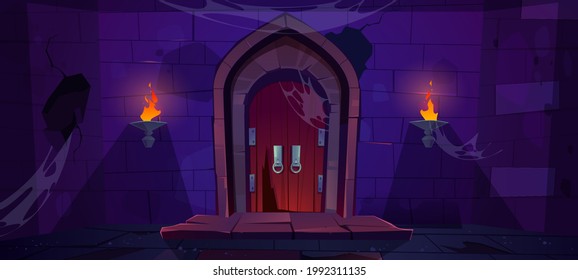 Broken wooden door in medieval castle. Old wood gate in stone wall with flaming torches at night. Vector cartoon illustration of entrance to dungeon, prison or abandoned fortress