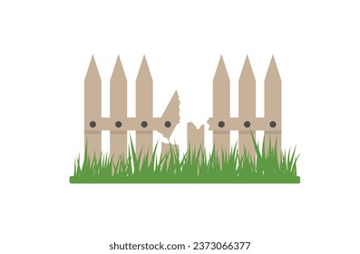Broken Wooden Fence Flat Deign Element. A fence of wooden planks with a hole inside