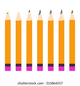 Broken wooden pencils on white background. Vector illustration. Lead pencils with various length tip.