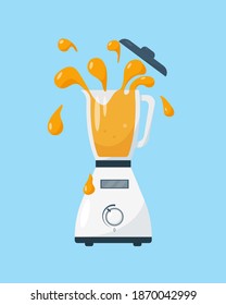 Broken working blender with splashed juice.  Vector illustration on blue background.