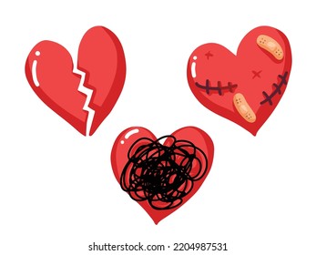 Ilustración de vectores cardiacos rotos, heridos y confundidos. Dibujo de estilo de arte plano colección vectorial de corazón rojo con ayuda de banda y costura.