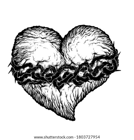 Broken wrinkled heart with thorns, vector outline illustration