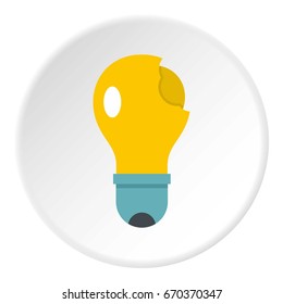 Broken yellow lightbulb icon in flat circle isolated vector illustration for web