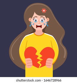 a broken-hearted girl is standing and crying. breaking up a romantic relationship. flat vector illustration.