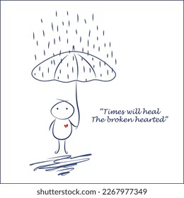 The broken-hearted man under the umbrella in the rainy day