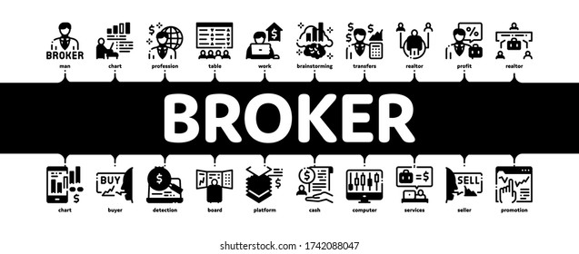 Broker Advice Business Minimal Infographic Web Banner Vector. Broker Businessman And Consultant, Sell And Buy, Professional Estate Agent Illustration