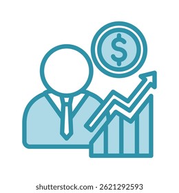 Icono de color de tono dual de la mini ilustración del agente del corredor, uso para las guerras comerciales, economía, negocio, finanzas, competencia económica, interfaz de usuario, kit de UX, App y desarrollo de Web, digital o impreso.