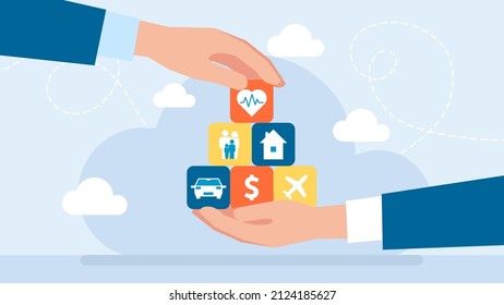 Broker agent. Protection of values. Insurance and Assurance. Life, property, car, health, family, travel, home, business insurance concept. Family protection care. Flat design. Vector illustration.