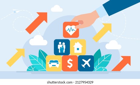 Broker agent. Protection of values. Insurance and Assurance. Life, property, car, health, family, travel, home, insurance concept. Family protection care. Flat design. Business illustration. Vector