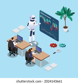 Broker analyzing stock market with robot 3d isometric vector illustration concept for banner, website, landing page, ads, etc