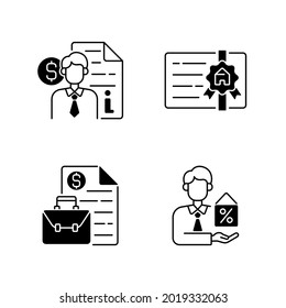 Broker black linear icons set. Finance advisor consultation. Broker license. Business management, contract deals. Intermediary services. Glyph contour symbols. Vector isolated outline illustrations