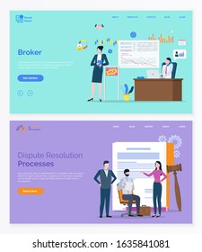Broker collaboration, dispute resolution processes app slider. Workers characters solving rights problem and making deals online, web marketing vector. App slider template, landing page flat style