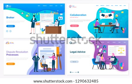 Broker and collaboration, dispute resolution processes and legal advice vector. Lawyer and judicial workers, graphics and laws on presentation board. Website or webpage template, landing page in flat