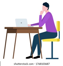 Broker collaboration, worker sitting at desk on chair and working at computer isolated, side view. Vector man agent or consultant at workplace, executive worker in suit