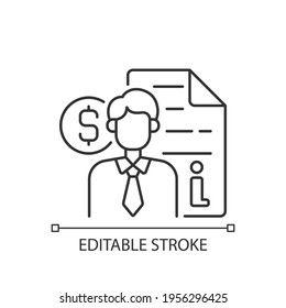 Broker consultation linear icon. Intermediary and brokerage services. Purchasing information. Thin line customizable illustration. Contour symbol. Vector isolated outline drawing. Editable stroke