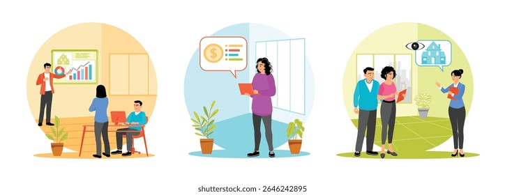 Broker consulting client explaining housing trends. Appraiser evaluates the value of a property. Real estate agent conducts a property tour with a couple. Real estate buying experience concept.