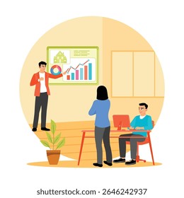 Cliente de consultoria de corretores explicando as tendências de moradia em um escritório. Exibição de gráficos, gráficos, dados e imagens de propriedade para dar suporte a decisões de compra. Conceito de experiência de compra de imóveis.
