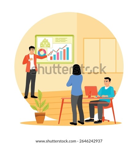 Broker consulting client explaining housing trends in an office. Showcasing  charts, graphs, data and property images to support purchase decisions. Real estate buying experience concept.
