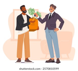 Broker giving keys from new rental office apartment to businessman client getting good deal cartoon scene. Customer and real estate agent agreement and ownership acquiring vector illustration