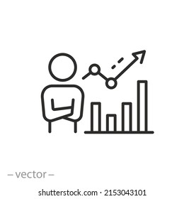 broker icon, growth stock market, profit analytics chart, financial data, thin line symbol on white background - editable stroke vector illustration