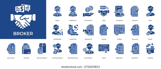 Broker Icon set Collection in Glyph Two Color Style. broker, agent, intermediary, middleman, negotiation, commission, deal