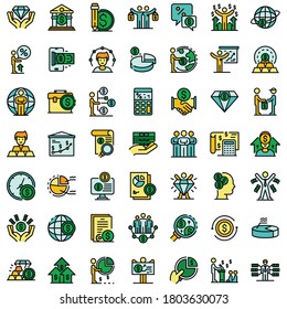Broker-Symbole gesetzt. Rahmenset der Broker-Vektorsymbole dünne Linie Farbe flach auf weiß