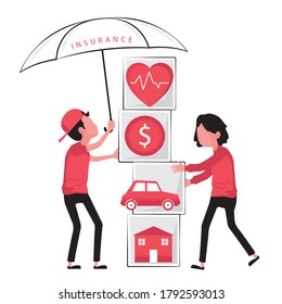 Broker Insurance Feature A Man Holding Umbrella And Woman Stand Next To The Box Of Heart, Money Sign, Car And House