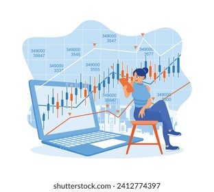 Broker investors analyze indices. Female trader analysts examine stock market trading indices. Stock Trading concept. Flat vector illustration.
