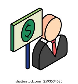 Broker isometric outline 3d mini illustration icon, use for modern concept, UI or UX kit, web and app development. related to business, finance, economy.