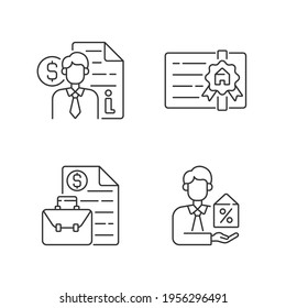 Juego de iconos lineales de Broker. Consulta al asesor financiero. Licencia de agente. Administración de negocios. Símbolos de contorno de línea delgada personalizables. Ilustraciones aisladas del contorno vectorial. Trazo editable