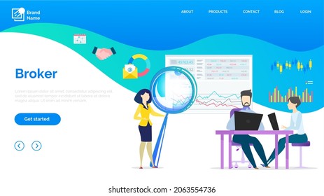 Broker, man and woman marketing technology, board with graph report. Financial deal, sold board, exchange or insurance online, data analysis concept. Business website landing page template flat style