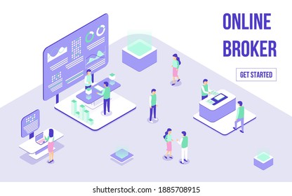 Broker online, forex trading horizontal banner. composition of trade stall in expo center with clients, stuff looking at stand with graphs. 3D isometric vector for landing page, flyer, app.