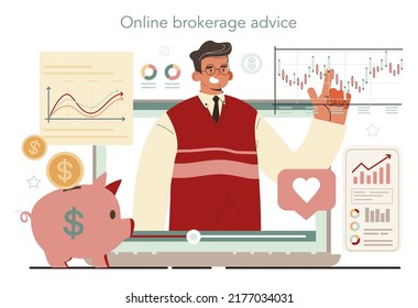 Broker Online Service Or Platform. Investment And Saving. Character Making Financial Exchange. Online Brokerage Advice. Vector Illustration