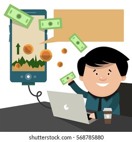 The broker sells on the phone and computer. The financial application. Vector illustration in flat style.