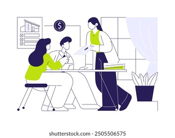 Broker service abstract concept vector illustration. Real estate agent showing property catalog to clients, brokerage company business, explore the market, see offers abstract metaphor.